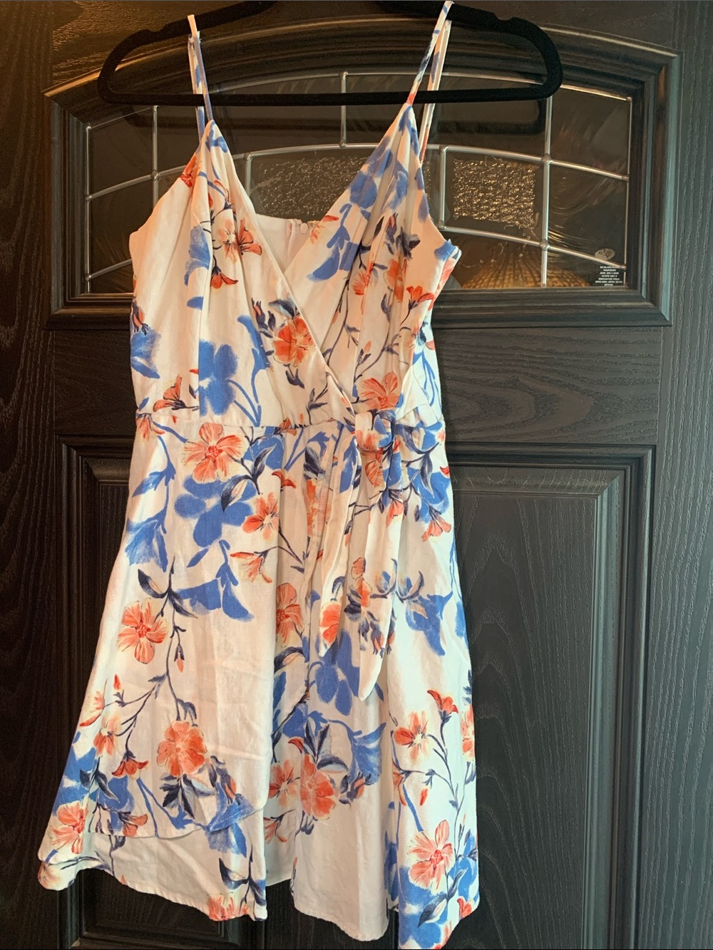Mi Ami White Floral Linen Blend Mini Dress with Blue & Coral Blooms